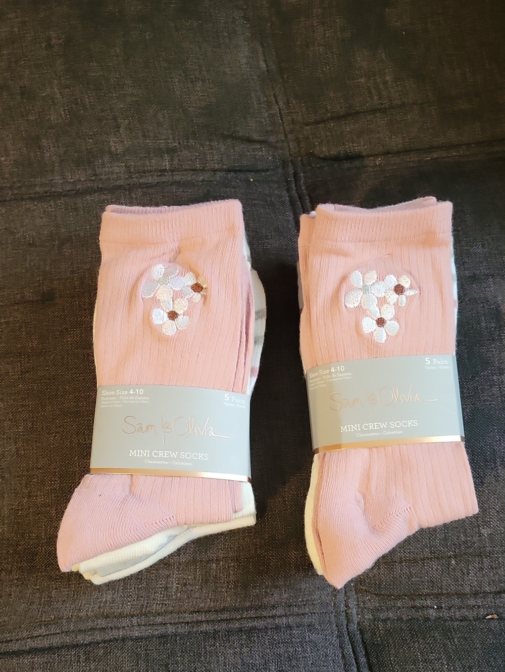 Pink Mini Crew Socks - Floral Embroidered (5-Pack)